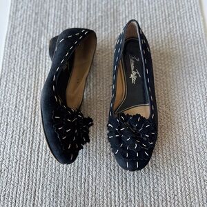 Vintage Ramon Tenza Black White Suede Leather Floral Ballet Flat Dress Shoes 6